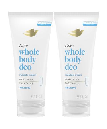 Dove Whole Body Deo Aluminum Free Invisible Cream Deodorant Unscented for 72h Odor Control 2.5 oz (Pack of 2)