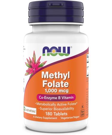 Now Supplements Methyl Folate 1 000 mcg Metabolically Active Folate* Co-Enzyme B Vitamin 180 Tablets