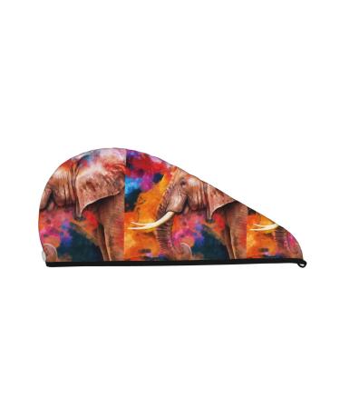 Hair Towel Wrap Hair Drying Towel with Button Towel Turban Head Towel to Dry Hair Quickly (Oil Paintings of Elephants)