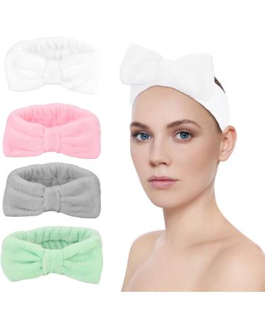 SONSENAI Bow Hair Band - 4Pack Soft Carol Fleece Hairlace Headbands for women Makeup Shower Headband Headwraps for Washing Face Spa Mask(Multi-colored 3)