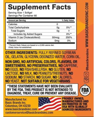 Basic Brands Happy Sunshine Vitamin D3 2000 IU (50 mcg) 60 Softgels Immune Support Bone & Muscle Health Non-GMO Gluten-Free Daily Vitamin D Supplement - Buy Online on GoSupps.com