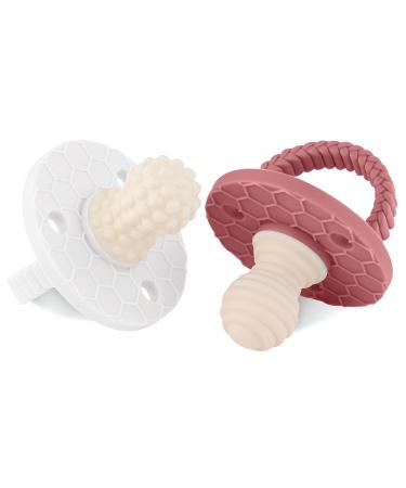 SoothiPop (2 Pack) 3 Month+ Silicone Pacifier Shaped Baby Teething Toy - Freezable & Chewable Baby Teether - Soft Textured Surfaces Massage & Soothe Infant Sore Gums - Honeycomb (White & Blush)