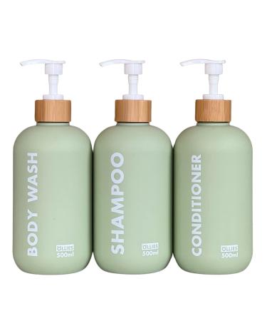 OLLIES Refillable Shampoo and Conditioner Bottles Shower Soap Dispenser for Bathroom-Set of 3 with Permanent Stylish Label-17oz, 500ml Shampoo Bottles Refillable with Pump