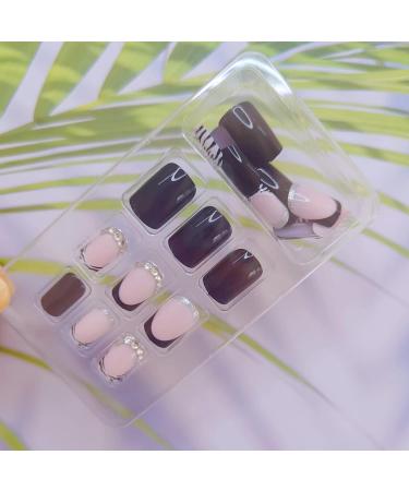 Zebra Design French Tip Square Press On Nails with Rhinestones - Medium Length False Nails for Women & Girls | Acrylic Full Cover Stick On Nails - Style 5 - Buy Online on GoSupps.com