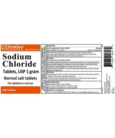 Sodium Chloride Tablets 1 gm USP - 300 Tablets by CitraGen Pharmaceuticals Inc - Buy Online on GoSupps.com