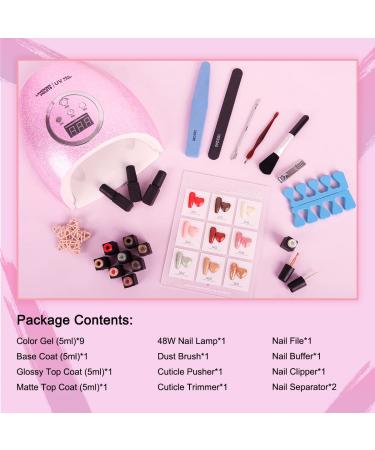 Lavender Violets 20pcs Gel Nail Polish Kit with UV Light - 9 Colors, Base Coat, Top Coat, Manicure Tools - DIY Starter Gift Set (F906 Blooming Rose) - Buy Online on GoSupps.com