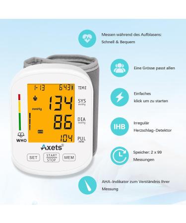 Axets Fully Automatic Blood Pressure Meter - Wrist Monitor with Arrhythmia Warning 2x99 Memory LCD Display & Adjustable Cuff (White) - Buy Internationally - Buy Online on GoSupps.com