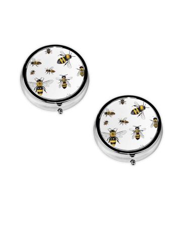 (Funny Bees) Round Pill Box 3 Compartment Pill Box Mini Decorative Pocket Purse Portable Travel Medicine Tablet Vitamin Holder Organizer Pill Case