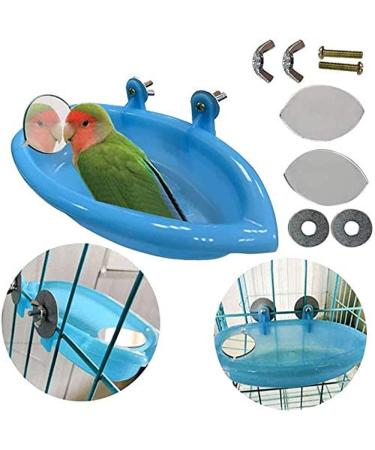 SHINYLYL Bird Bath Tub Bowl Basin Hanging Birdbath Toy Pet Parrot Budgie Parakeet Cockatiel Cage Water Shower Food Feeder with Mirror (Blue)