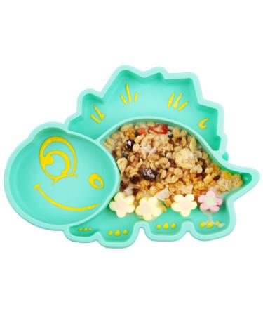 Silicone Baby Plates Divided - Portable Non Slip Suction Toddler Plates for Children Babies and Kids BPA Free Baby Dinner Plate  Dishwasher and Microwave Safe Dino-Cyan