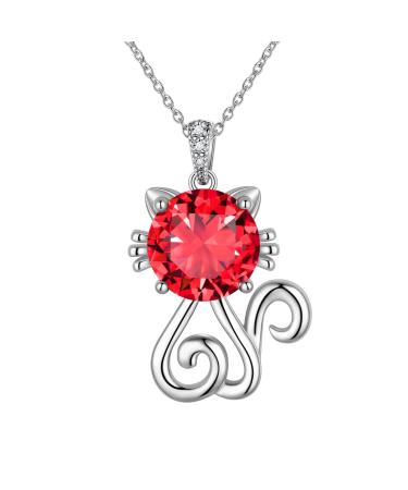 Cute Cat Necklace with Sparkling Zirconia Crystal Birthstone Pendant Necklace for Girls Womens White Gold Over 925 Sterling Silver Animal Necklace Birthstone Jewelry Sweet Present Girlfriend Sisters C Ruby Pendant