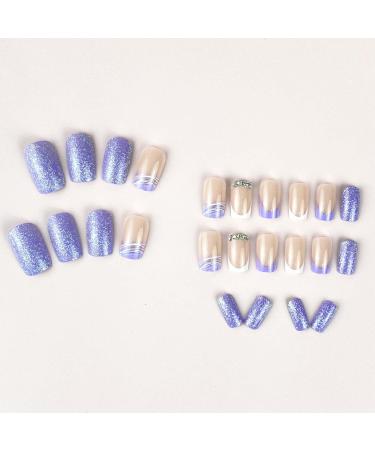 Buy Purple Press on Nails | Medium Square French Tip with Glitter & Rhinestones | 24Pcs Glossy Full Cover Stick-On Acrylic Nails for Women & Girls - Buy Online on GoSupps.com