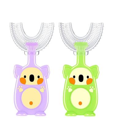 Children U-shaped toothbrush 2 pieces of children's toothbrush and shape 360 degrees toothbrush for the whole mouth silicone children's toothbrush and form 2-4 years (purple + green)