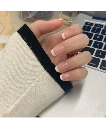 24Pcs/Set Press On Nails French style white edge wearing manicure medium length minimalist style full set of artistic nail false nails Press on nails for Women and Girls