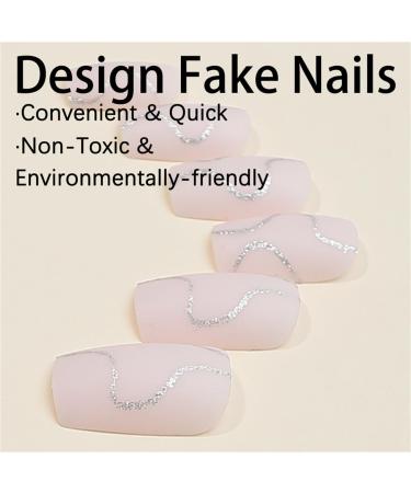 Sparkling Lines Fake Nail Short Square Press on Nails French Tips Nail Art Decoration for Women and Girls Manicure 24pc - Buy Online on GoSupps.com