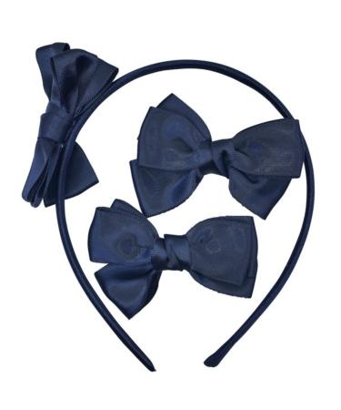 Topkids Accessories 3pc Hair Accessories for Girls School Gift Set: Bow Hair Band Headbands for Girls & Hair Clip Bows Birthday Gift Girls Hair Accessories Gift Set Hair Band Hair Clips (Navy Blue)
