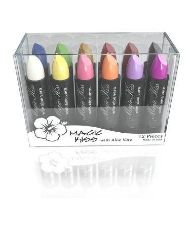 Magic Kiss Pack of 12 Color Changing Aloe Vera Lipstick Set Made in USA (Colors of Aloha 03)