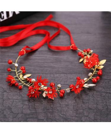 Amosfun Elegant Red Flower Wedding Bridal Headband - Handmade Crystal Ribbon Headdress for Bride Bridesmaid - Buy Online on GoSupps.com