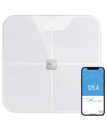 iHealth Nexus Body Fat Scale Smart BMI Scale Digital Bathroom Bluetooth Weight Scale, Body Composition Analyzer with Tempered Glass Platform, Large LED Backlit with Smartphone App, 400 lbs - White