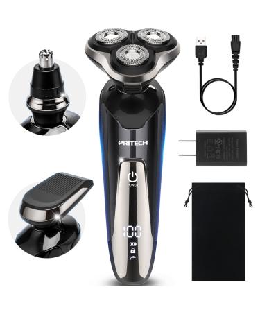 Mens Electric Razor for Men Electric Face Shavers Rechargeable Shaving Men's Cordless Razors IPX7 Waterproof Wet Dry 3 in 1 Rotary Shavers Beard Nose Mustache Trimmer USB Charging Black by PRITECH RSM-1505-UL