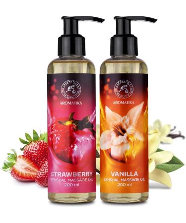 Buy Sensual Massage Oils Set 2x200ml - Strawberry & Vanilla - Edible Kissable Body Relaxation Oil for Couples - Almond & Grape Seed Infused - Buy Online on GoSupps.com