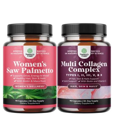 Bundle of Extra Strength Saw Palmetto for Women 500mg - Hair Vitamins for Hair Loss Supplement and Advanced Multi Collagen Complex - Ageless Multi Collagen Peptides with Type 1 2 3 5 & X & Biotin