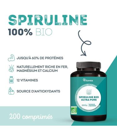 Organic Spirulina Ultra Pure 1500 mg - No Excipients Rich in Proteins Phycocyanin Iron Antioxidants - Immunity Fatigue - 200 Tablets - Vegan - Made in France Vitavea - Buy Online on GoSupps.com