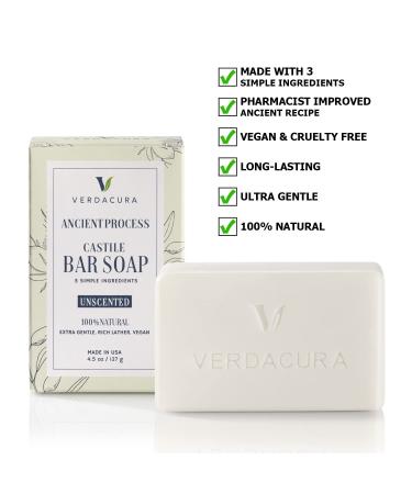 Verdacura Pure Castile Bar Soap - All Natural Vegan Soap for Face, Body, Hands - Ultra-Gentle & Biodegradable - Made in USA (Unscented 4.5 oz) - Suitable for Sensitive Skin - Buy Online on GoSupps.com