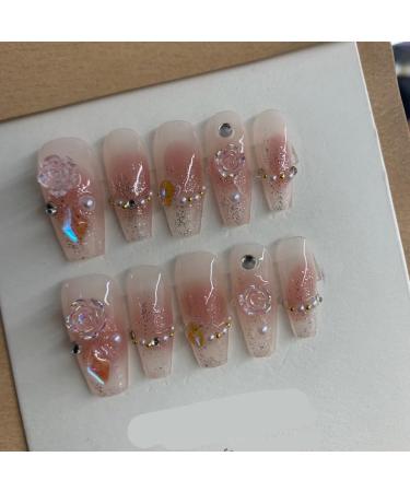 Handmade nail enhancement patch New pink powder blusher aurora camellia removable false nail patch 10PCS (Size : L) 1 count (Pack of 1)