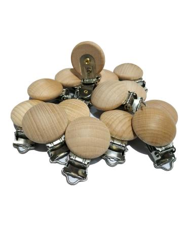 Alenybeby 10pcs Natural Beech Wood Pacifier Clips Teething Grasping Toy Suspender Clips Charm Antique DIY Baby Teether Toys (3.5cm/10pcs)