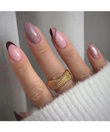 JUSTOTRY 24 Pcs Swirl Stiletto False Nails Medium Rose French Press on Nails Pattern Nude Fake Nails Short with Nail Glue Almond Stick on Nails for Women Nails Fake Nail for Nails Art rose&swirl1