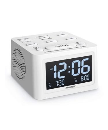 REACHER Dual Alarm Clock and White Noise Machine with Adjustable Volume, 12 Soothing Sounds for Sleeping, 6 Wake Up Sounds, Auto-Off Timer, USB Charger, Battery Backup, 0-100% Dimmer for Bedroom… White - White Digit