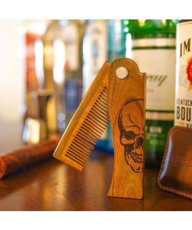 Menesia Men's Green Sandalwood Folding Pocket Beard Comb Set with Leather Case - Skull Design - Buy Online on GoSupps.com