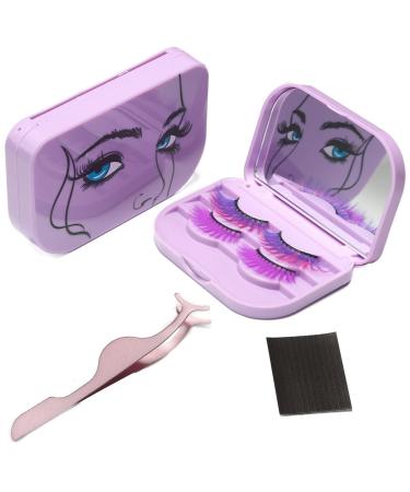 3 Tier Eyelash Storage Case Lash Dime Organizer Holder Box with Mirror Makeup Cosmetic Travel Case Empty and Eyelash Tweezer False Lash Container (Purple) Taro Purple