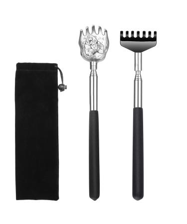 2 Pack Portable Extendable Back Scratcher - Backscratchers for Men Women - Metal Stainless Steel Telescoping Massage Tool with Carrying Bag (Black)