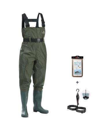 FISHINGSIR HISEA Fishing Waders for Men with Boots Womens Chest Waders Waterproof for Hunting with Boot Hanger Green M8/W10