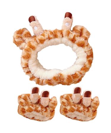 FOMIYES Face Wash Headband: Giraffe Headband with 2 Wristbands - Animal Spa Makeup Headband Wristbands Set Women Cosmetic Headwrap for Spa Yoga Makeup Washing Face