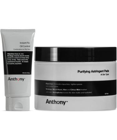 Anthony Purifying Astringent Toner Pads 60 Count and Anthony Instant Fix Oil Control 3 Fl Oz