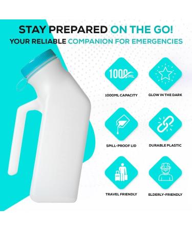 Urinals for Men 1000ml with Glow in The Dark Spill Proof Pop Cap Lid Plastic Pee Bottles for Men Portable Urinal for Elderly & Incontinence - Buy Online on GoSupps.com