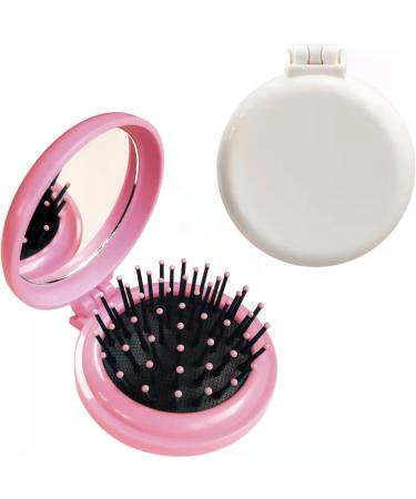 Folding Hair Brush with Mirror for Purse/Pocket Round Mini Compact Massage Comb for Girls and Women (Pink+White)