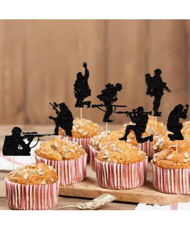 Military Themed Soldier Cake Toppers - 12 Pieces Paper Cups Black Glitter Soldier's Day Veterans Men's Birthday Navy Army Special Forces Decorations - Buy Online on GoSupps.com