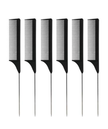 Rat Tail Comb Hair Comb 6 Packs Steel Pin Rat Tail Carbon Fiber Heat Resistant Teasing Combs with Stainless Steel Pintail for Hair Rat tail Combs Salon or Home Supplies (Black) Black-6pcs