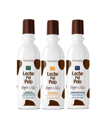 Leche Pal Pelo Rizos/Afro Specialized Shampoo Nourishing Hair Repair Mask Thermalprotectant Champu Especializado Mascarilla Nutritiva Termoprotector 14.9oz-440ml x3 (Set/Kit 14.9oz-440ml x3)