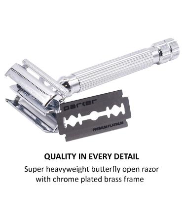 Parker Safety Razor Model 82R - Deluxe Chrome Heavyweight Twist-to-Open Butterfly Razor + 5 Double Edge Blades | International Shipping - Buy Online on GoSupps.com