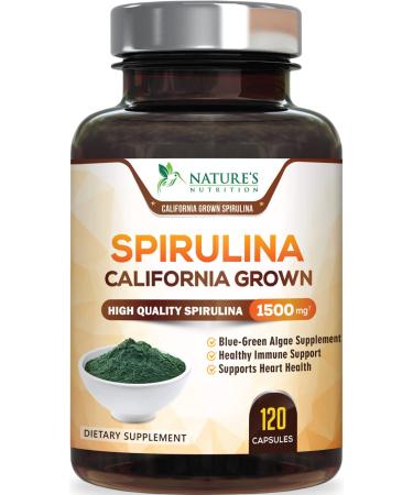 Spirulina Capsules 1500mg - Premuim, Natural Spirulina from Blue Green Micro-Algae Powder with Natural Antioxidants, Protein, Fatty Acids, Fiber, & Vitamins - Non-GMO & Vegan - 120 Capsules 120 Count (Pack of 1)