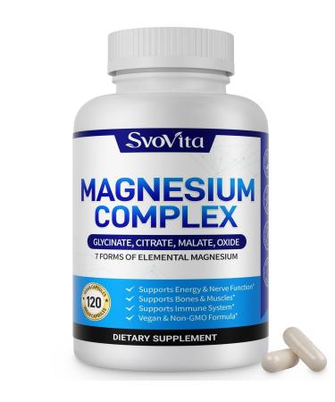 Magnesium Complex Supplement with 7 Forms of Magnesium Glycinate Malate Citrate & More High Absorption for Bones Muscle Recovery Energy Vegan Non-GMO 120 Capsules