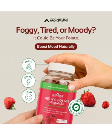 CogniTune L-Methylfolate Gummies 1000mcg - Bioavailable 5-MTHF Folate Supplement for Brain Health - MTHFR Support with Delicious Strawberry Flavor - Buy Online on GoSupps.com