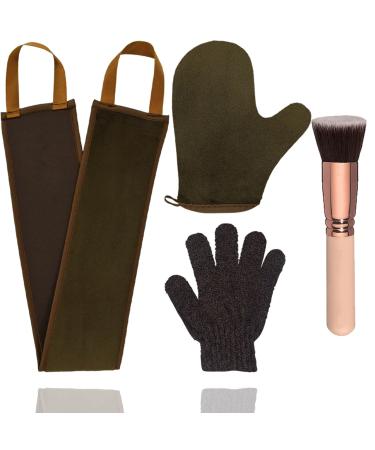 4 Pack Self Tanning Mitt Applicator Kit, with Self Tanner Mitt, Self Tan Back Applicator, Exfoliating Glove, Flat Top Face Tanner Brush, Tan mit for Self Sunless Tanner (brown)
