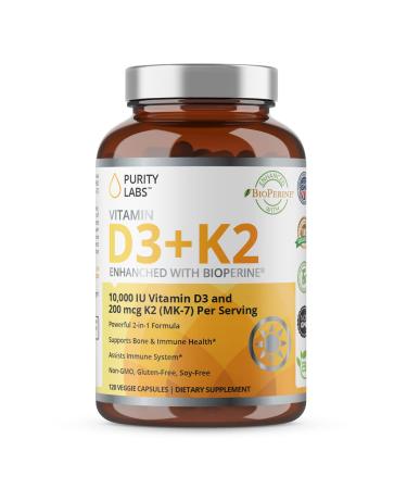 Purity Labs Vitamin D3 K2 10000 IU (250mcg) D3 + 200mcg K2 MK7 - Immune Support Supplement Enhanced with Bioperine - Vegan Supplements for Daily Defense Bone Muscle & Skin Health - 120 Capsules