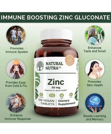 Natural Nutra Zinc Gluconate 50mg Supplement - Immune Support & Skin Health - Gluten Free, 100 Vegan Tablets - Buy Online on GoSupps.com